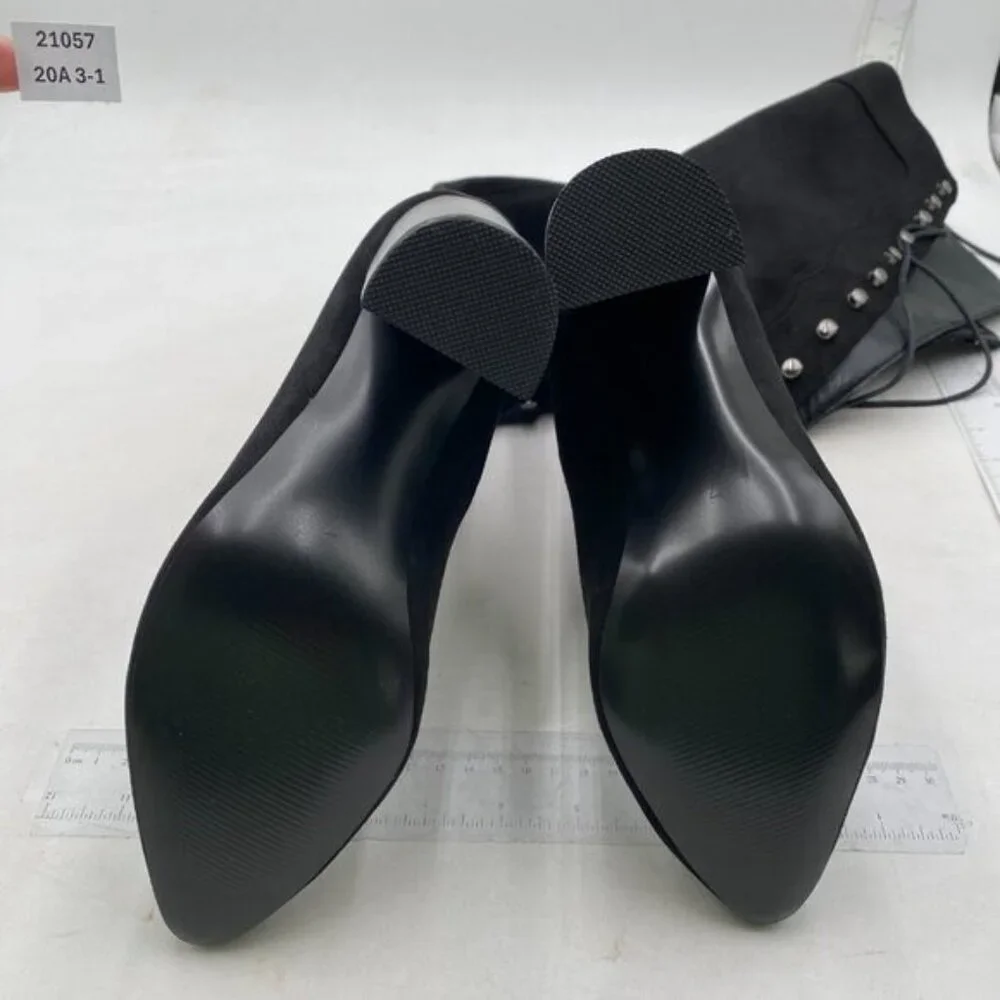 Black Women Vintage Knee High Chunky Heel Boots Lace-up Suede Calf-High Booties
